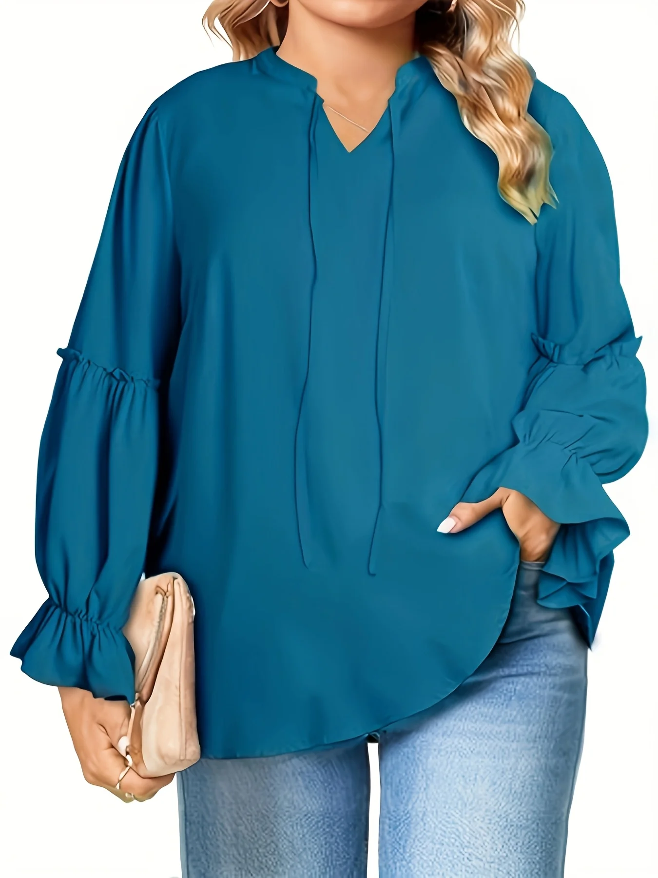 

Plus-size Women's Elegant Top, Small V-neck, Tie-fastening.