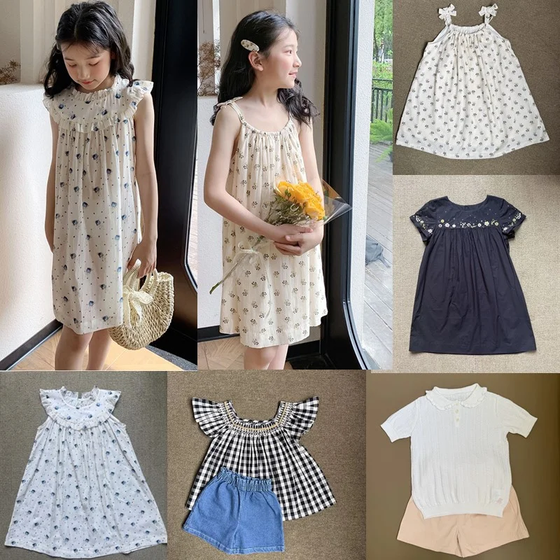 

Children's Clothing Fashion Floral Printed Girls Dress Summer Plaid Prunetd Ruffle Sleeve Blouse Top Cute Kids Knitted Tee Shirt