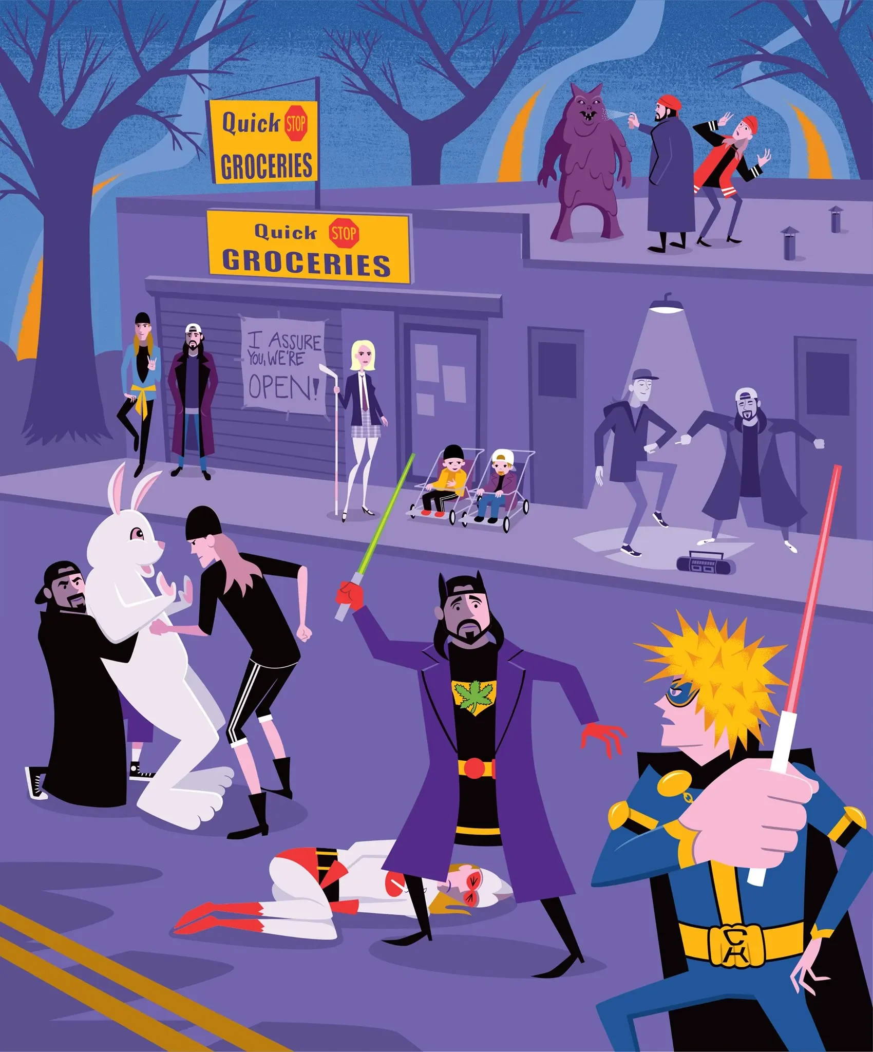 Josh Agle Shag Jay and Silent Bob vs Time and Space, Art Picture Print Silk Poster Living Room Decor ,Home Wall