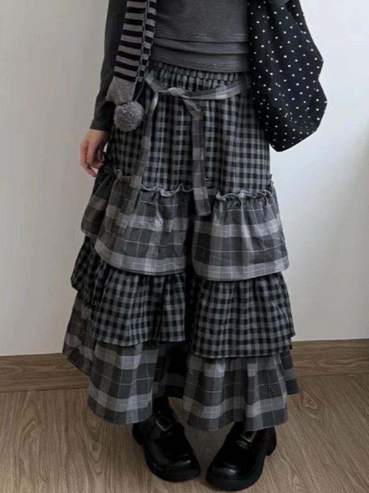 Japanese Style Vintage Puffy Cake Skirt Women Sweet Plaid Patchwork Ruched A-line Midi Skirts Harajuku Aesthetic Casual Clothing