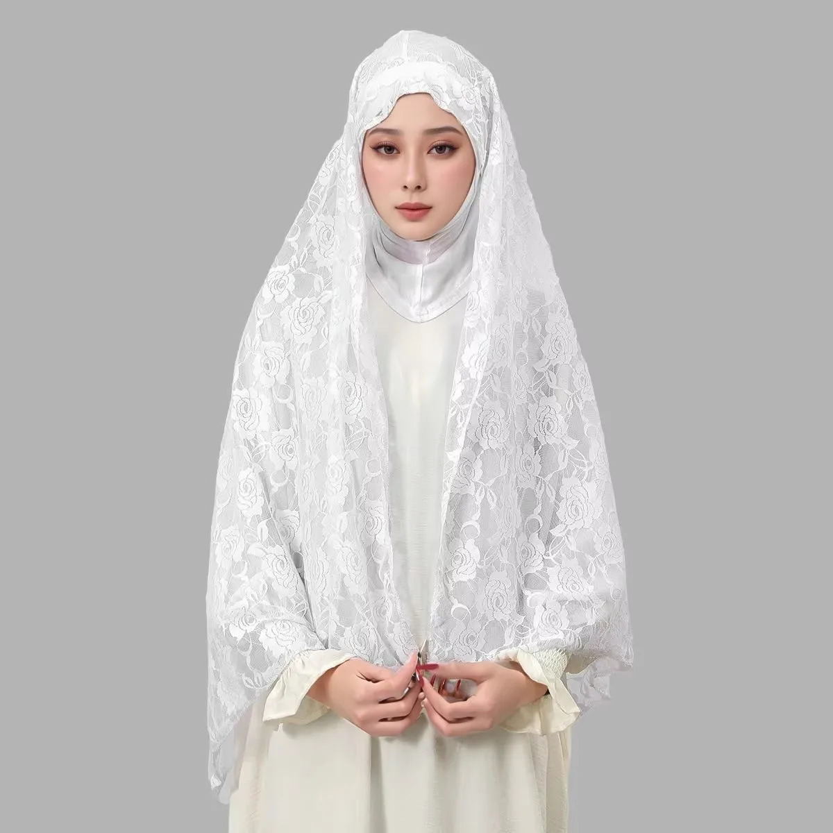 

One Piece Premium Lace Hijab Long Shawls Scarf with Jersey Underscarf Inner Hat Bonnet Cap Women Muslim Headscarf Wrap Turban