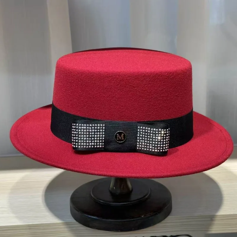 Women French Retro Ink Ribbon Flat Top Wool Jazz Hat Short Brim Fashion Versatile Fedora For Autumn Winter Daily Matching