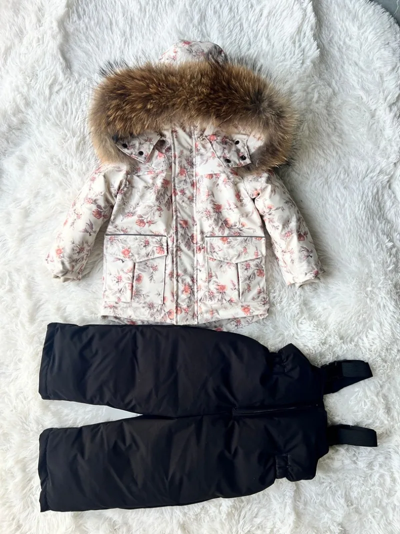 2026 New Children's Down Jacket Overalls Two-piece Set Thick Winter Coat for Girls Boys Down Jacket With Detachable Cap