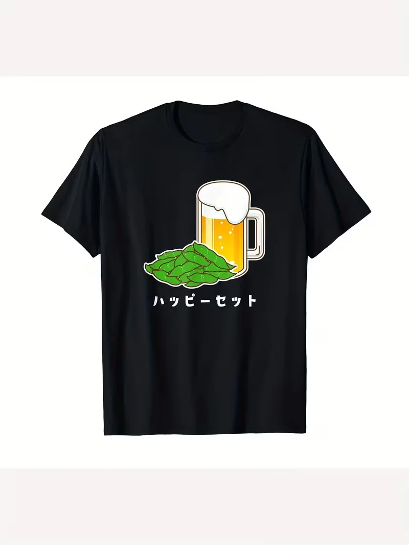 Lustiges „Happy Set“-T-Shirt mit Bier- und Edamame-Grafik, Unisex, japanisches Izakaya-Thema, lässiges Kurzarm-T-Shirt für den täglichen Sommergebrauch – Detail 3