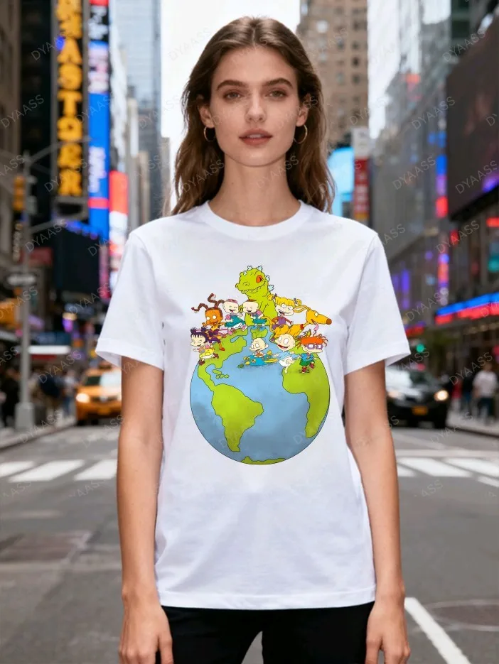 Nickelodeon Rugrats شخصيات سعيدة الرجعية الكرتون تي شيرت محايد الشارع ارتداء عادية 90s الحنين حفلة قصيرة الأكمام قميص