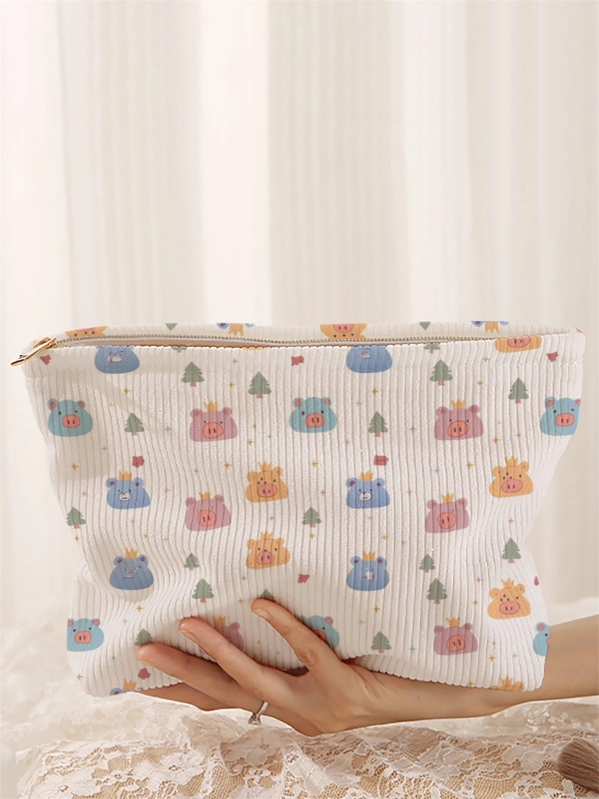 

Printed pattern corduroy makeup bag, lightweight zipper makeup storage box, multifunctional bag with lining