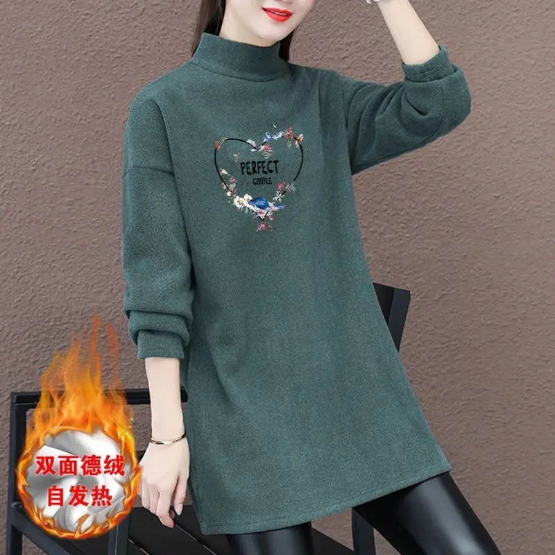 2023 Autumn/Winter Half High Collar Long Sleeve Underlay Shirt Women's Mid Length Underlay Top Loose and Plush Thickened T-shirt