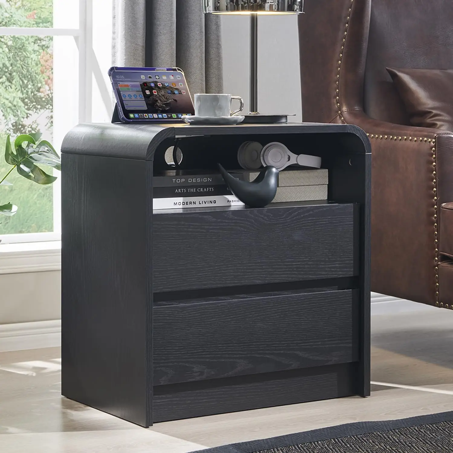 25 in Tall Modern Nightstand Set of 2, Wood Bedside Table