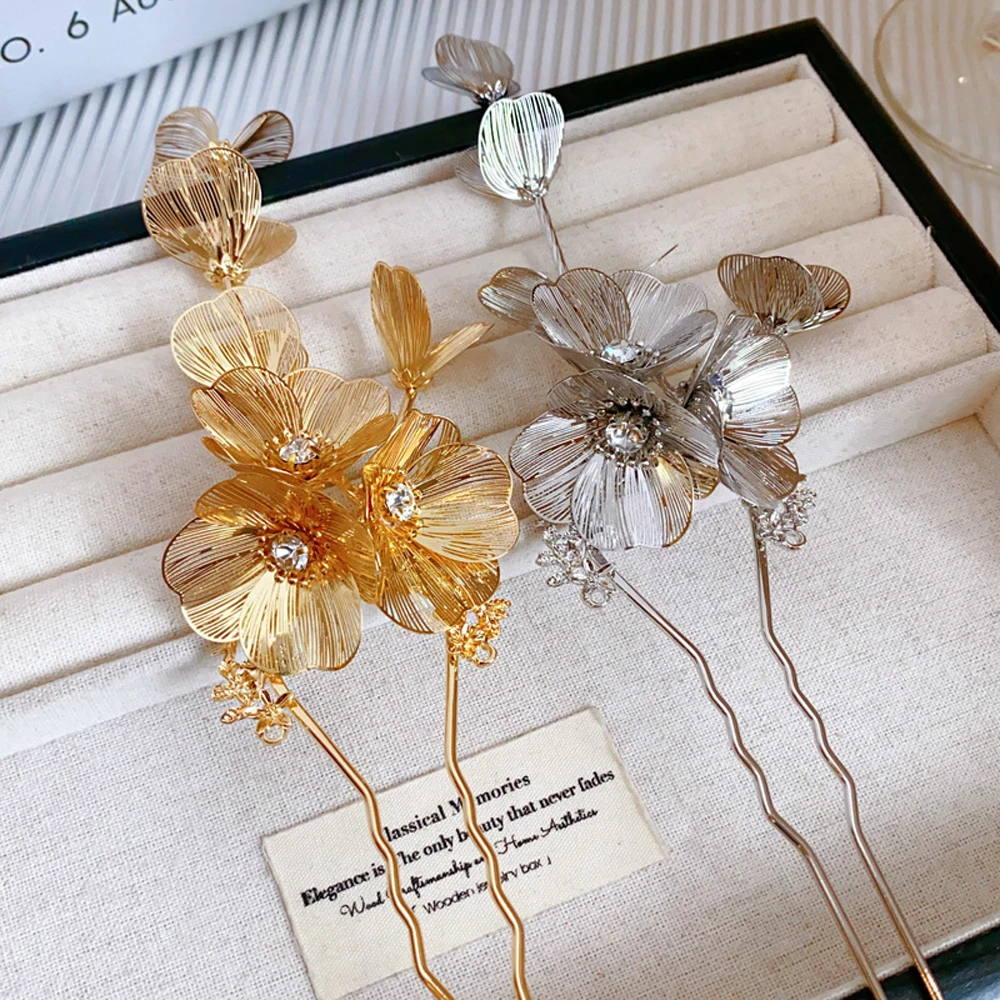 1 Pcs Golden Silvery Hollow Flower Long Leaf Tassel Hairpin Hair Fork Chinese Bridal Wedding Charm Headwear Jewelry Accessories