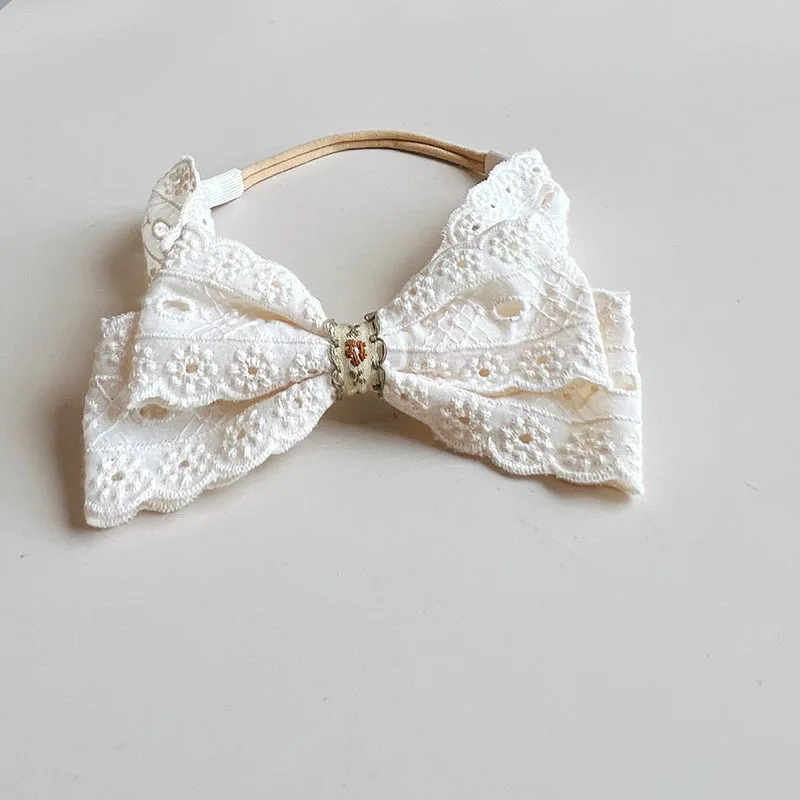 2pcs/set Lace Embroidered Newborn Baby Headband, White Bow Nylon Infant Hair Band, Toddler Lace Dress Matching Hair Accessory