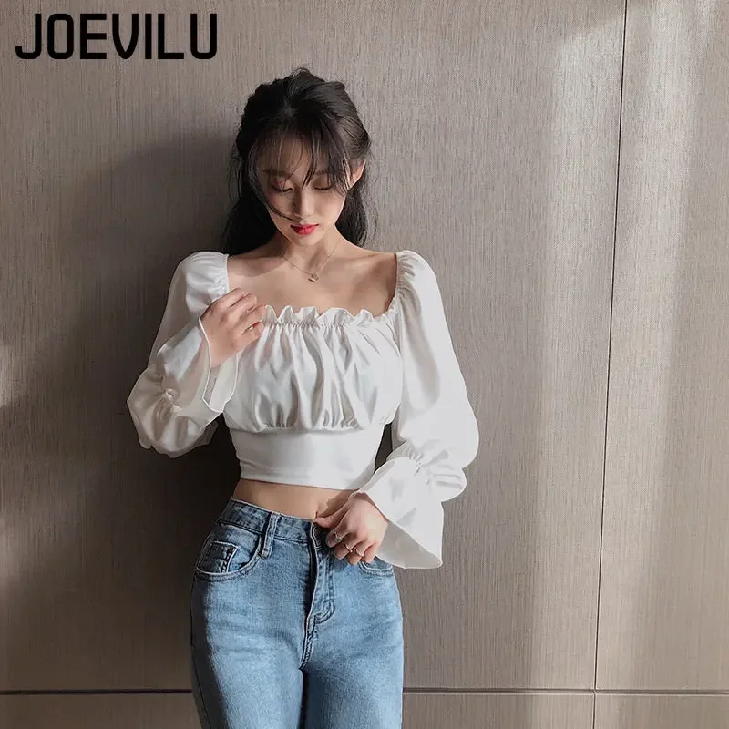 JOEVILU Off Shoulder Shirt Fungus Edge Bubble Sleeve Blouse Women\'s Fashion Pleated Backless Korean Style Long-sleeved Crop Top