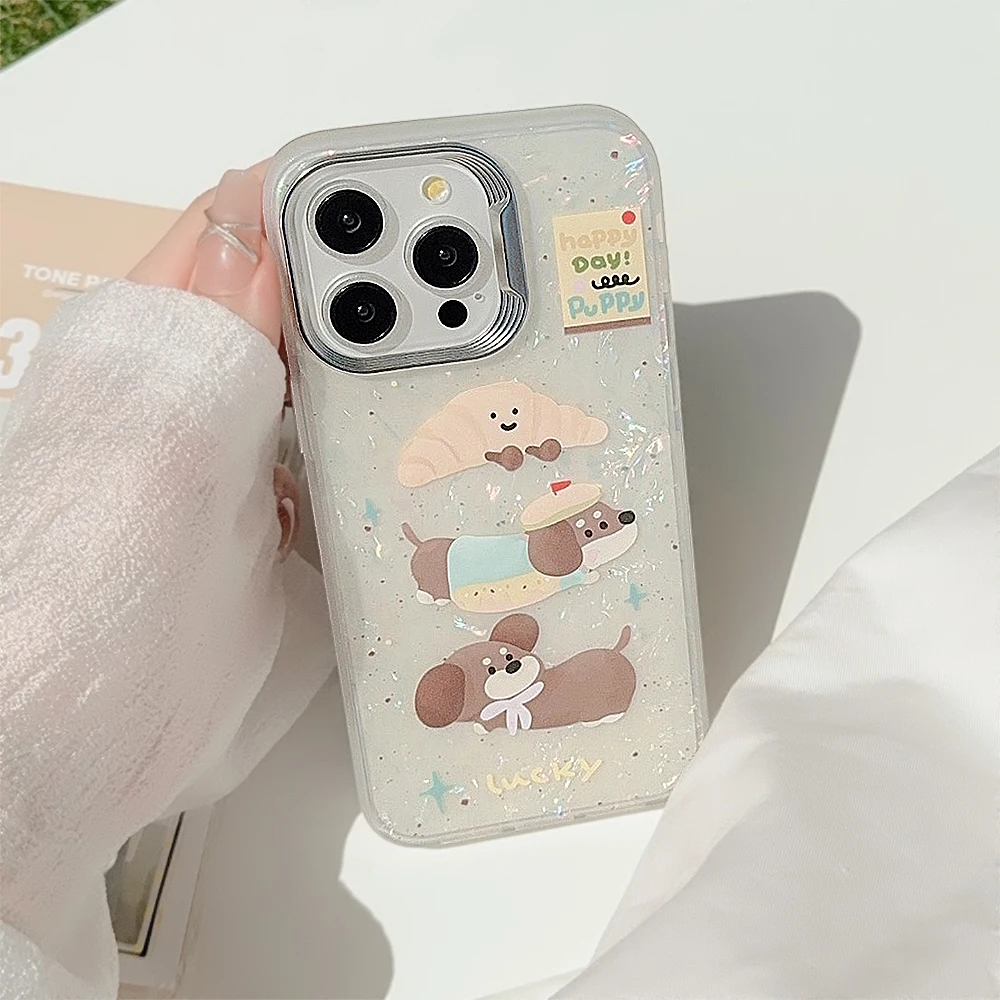 Luxury White Ox Horn Painter Dog Phone Case for iPhone 15 14 13 12 11 Pro Max Plus Bread Dog Bracket Bumper Cover