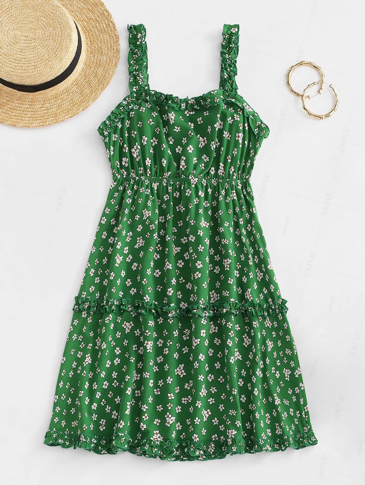 ZAFUL Ditsy Print Frilled Back Knot Tiered Sundress