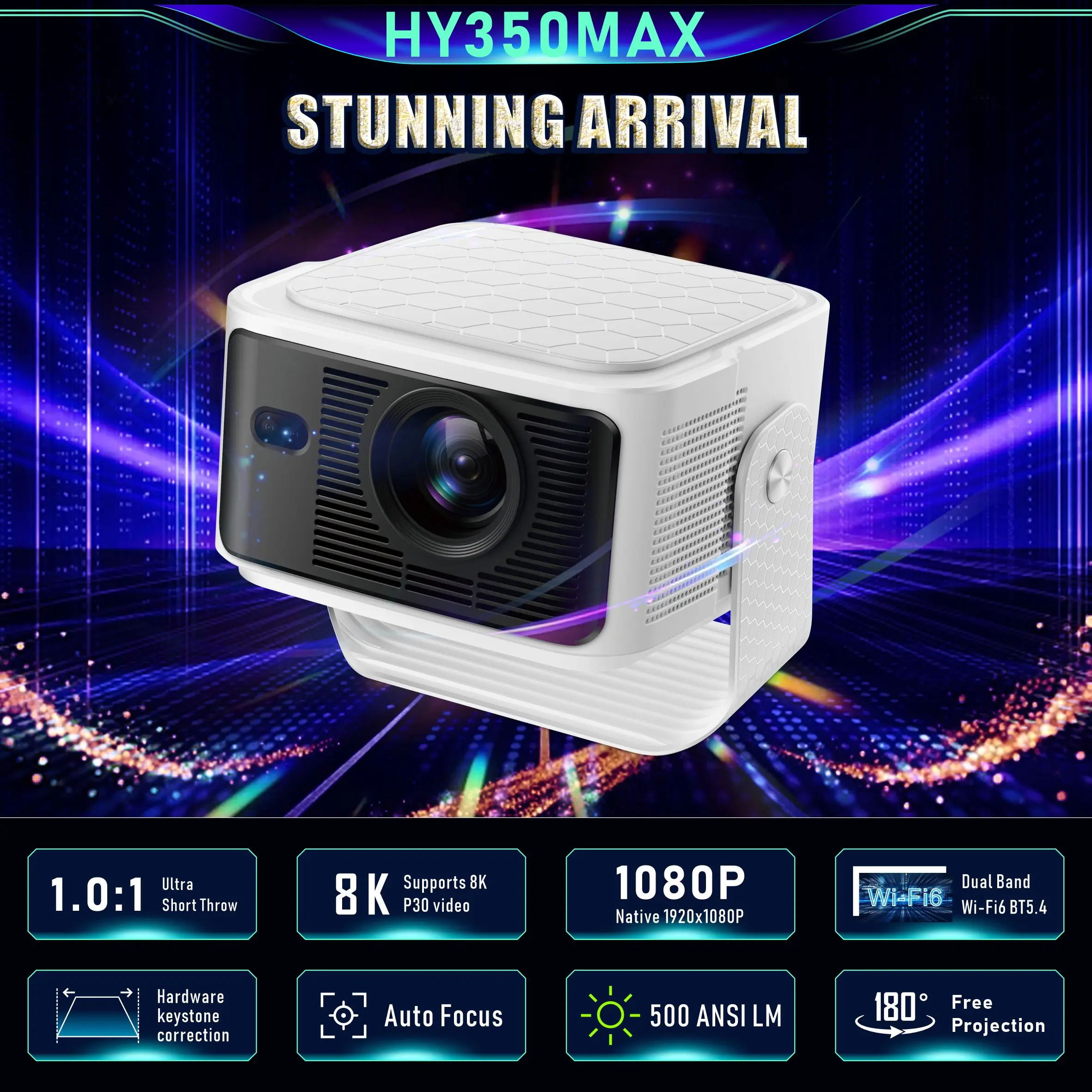 

Portable Native1080P Android Projector Short Throw Mini Proyector180° Free Projection Stand Built-in Speakers For Home Theater