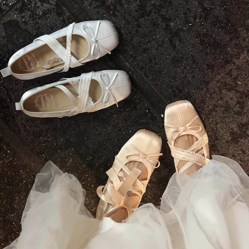 

New Spring Cross Strap Women's Mary Jane Shoes Comfort Soft Sole Shoes Elegant Square Toe Butterfly-knot Ballet Flats Shoes