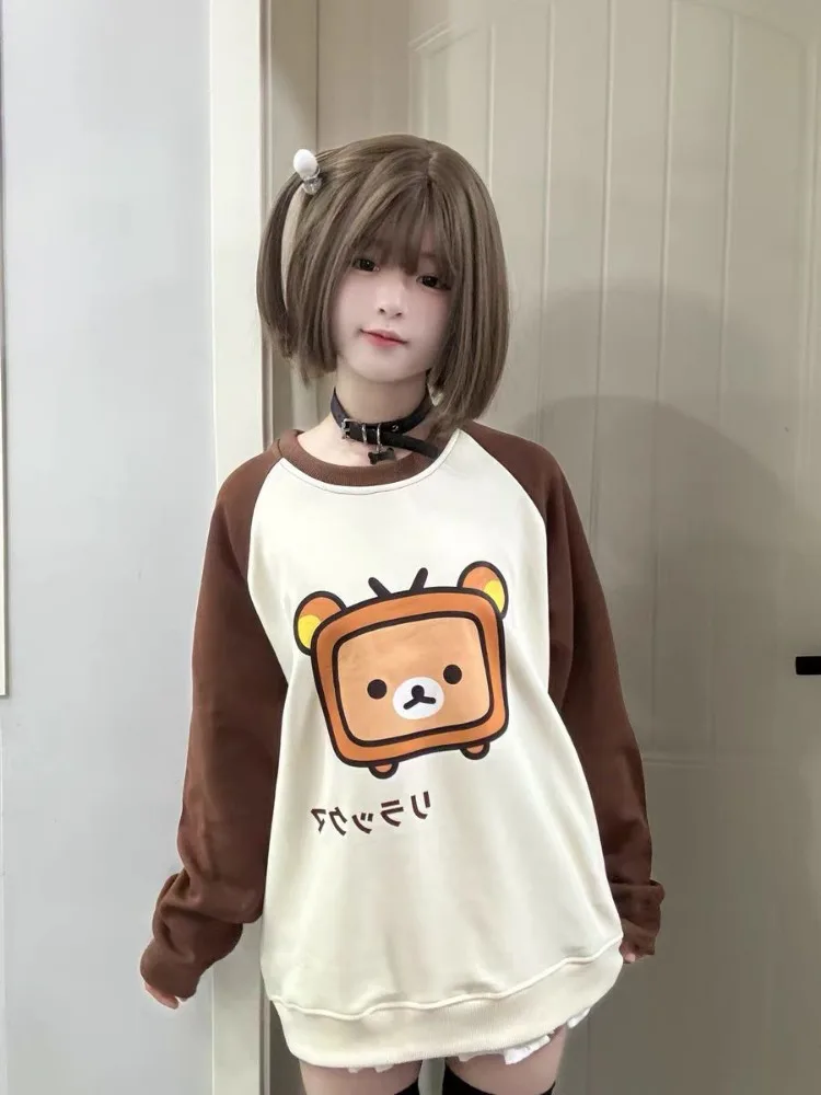 Sudaderas con cuello redondo y estampado de oso bonito japonés para Mujer, camisetas nuevas para Mujer Y2k Grunge, Jersey holgado de manga larga 2024