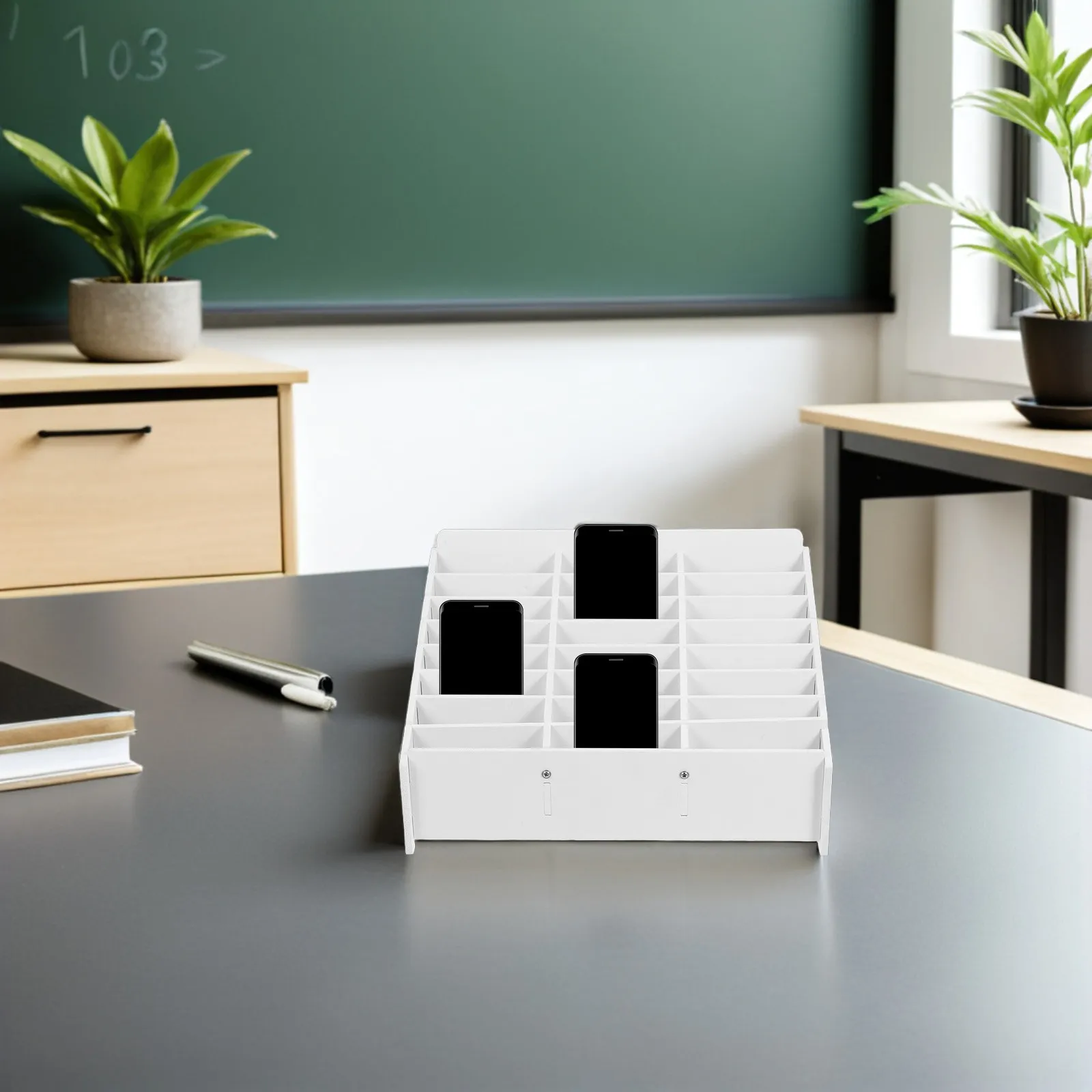 mobile-phone-organizer-box-24-slots-desktop-classroom-storage-container-rustic-wood-plastic-design-for-smartphones-calculators
