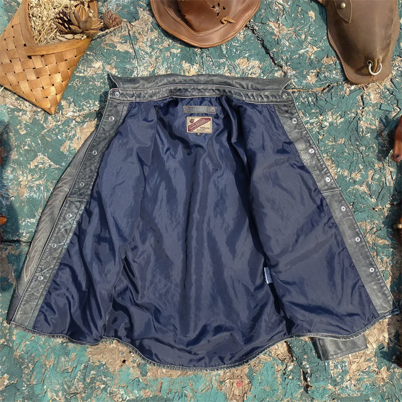 Blue Spring Leather Shirt Men Vintage Style Plus Size 4XL Genuine Natural Cowhide Single Breasted Leather Jacket