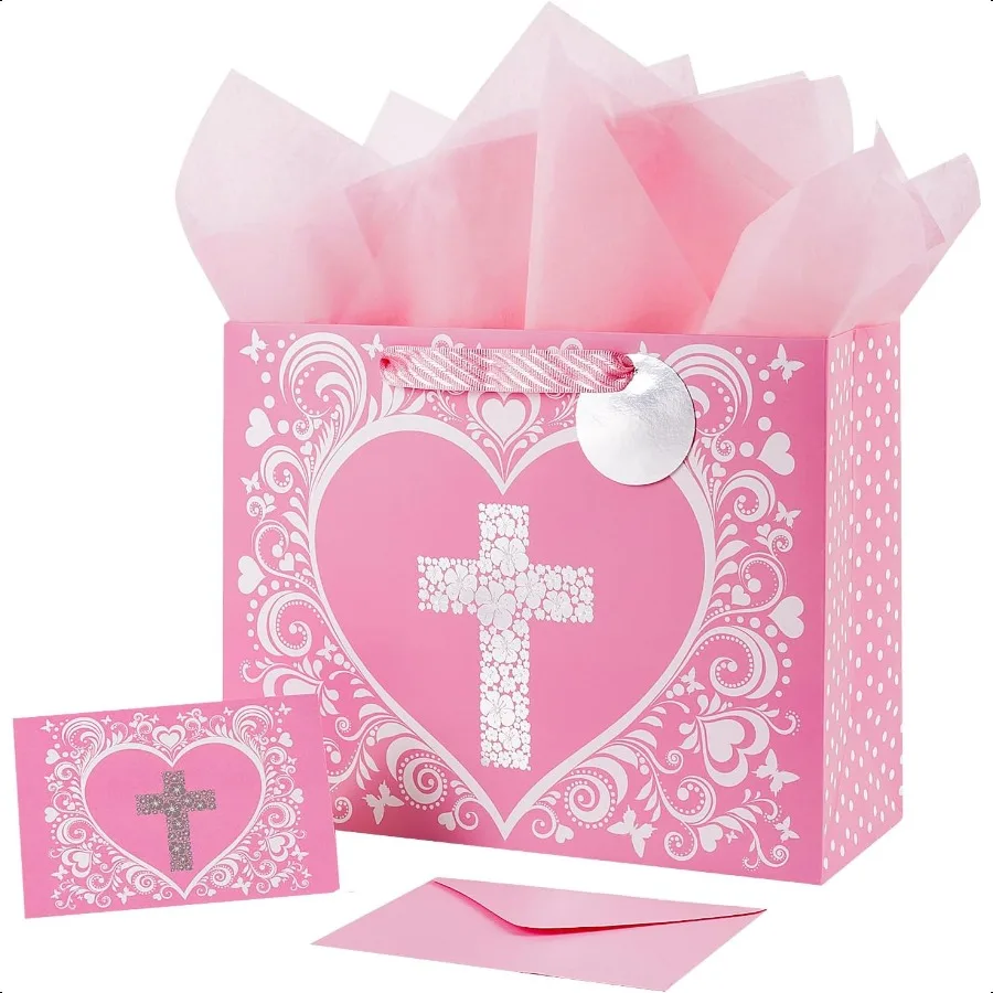 

12.6" Large Pink Gift Bag with Metallic Silver Floral Cross Design Card and Tissue Paper for Baby Girl Baptisms Christenings Fi