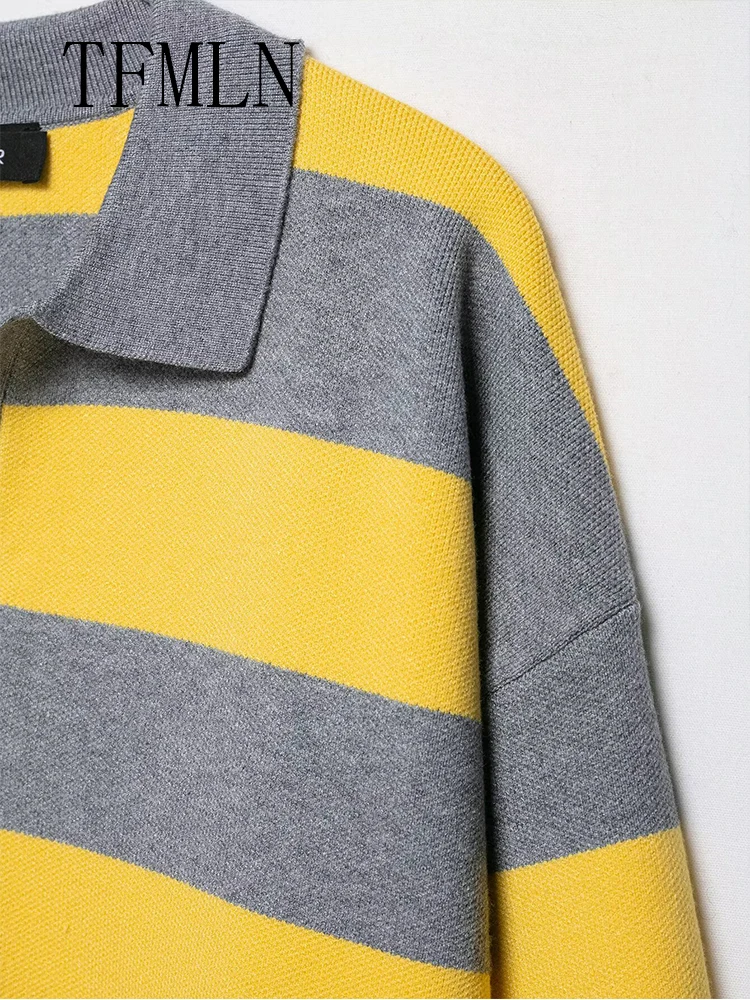 TFMLN-suéter de punto a rayas de gran tamaño para mujer, moda de otoño 20220, Jersey informal holgado con cuello tipo Polo, Tops, prendas de punto elegantes de calle