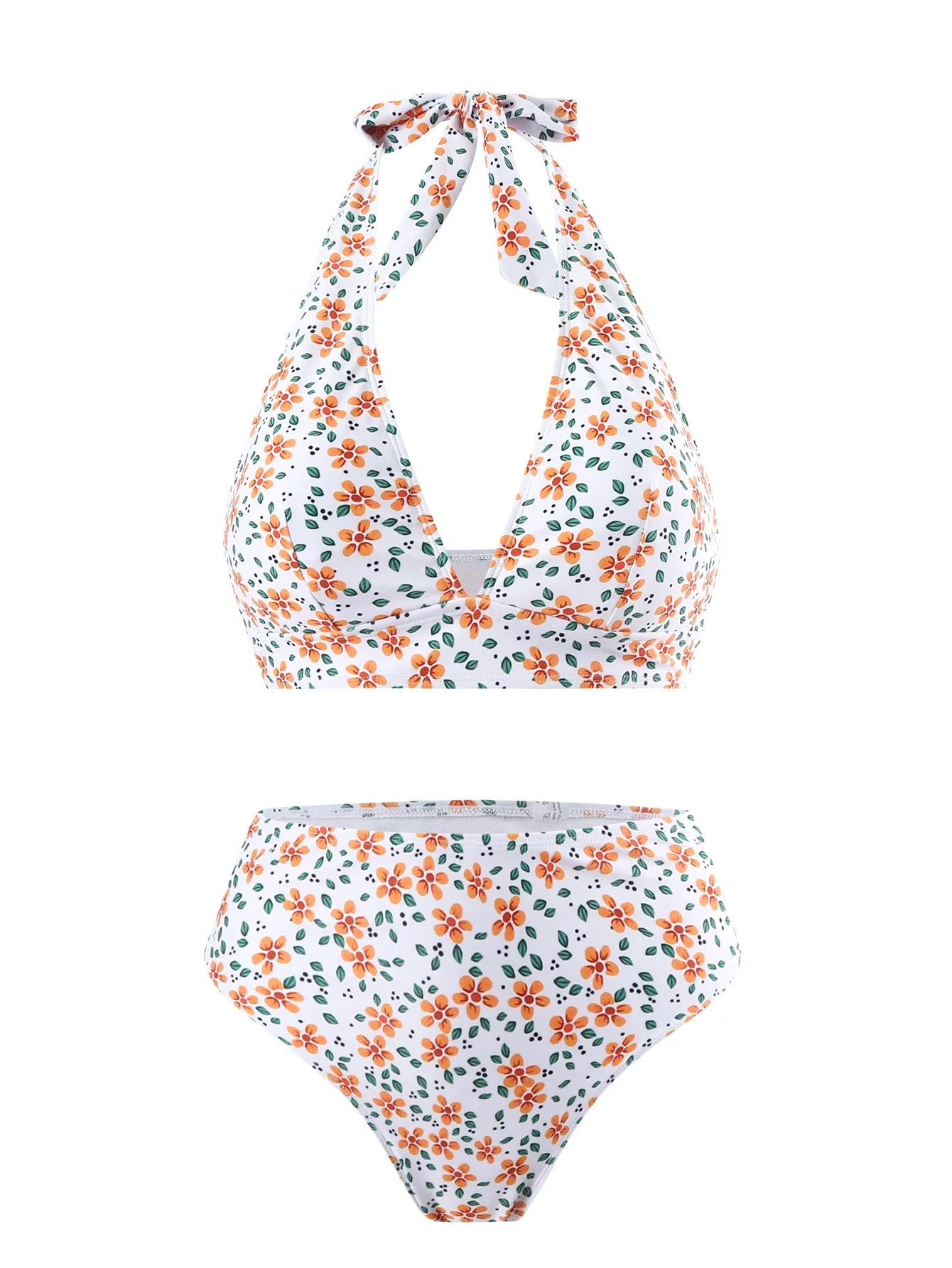 

New Women‘s Bikini Sets 2 Piece Swimsuit Tie Halter Padded Bra Deep V Neck Bikini Tops High Waisted Bottom Floral Print Swimwear