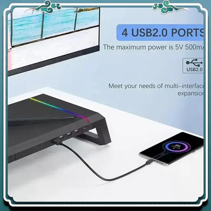 Easy To Use USB2.0 Fast Charging PC Monitor Stand With RGB Light & 4USB Ports - Ideal For Laptop Keyboard Storage