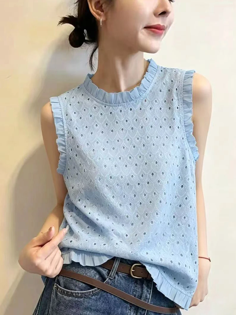 Women's Sleeveless Hollow out Lace Ear Shirt Vest Summer Fashion Slimming Thin Outerwear Shirt A-Line Narrow Strap Vest