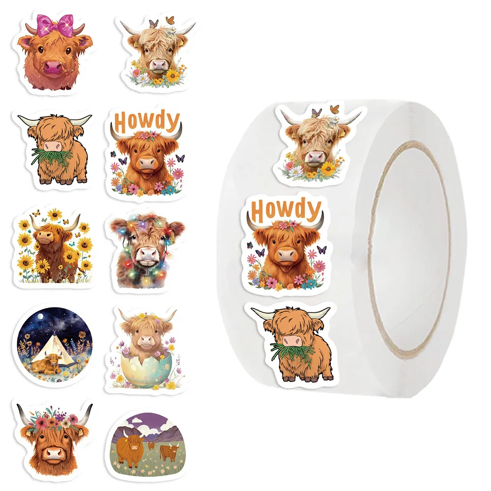 

500Pcs Highland Cow Stickers Roll, Cute Western Cow Waterproof Decals for Laptop Luggage Guitar DIY Decor