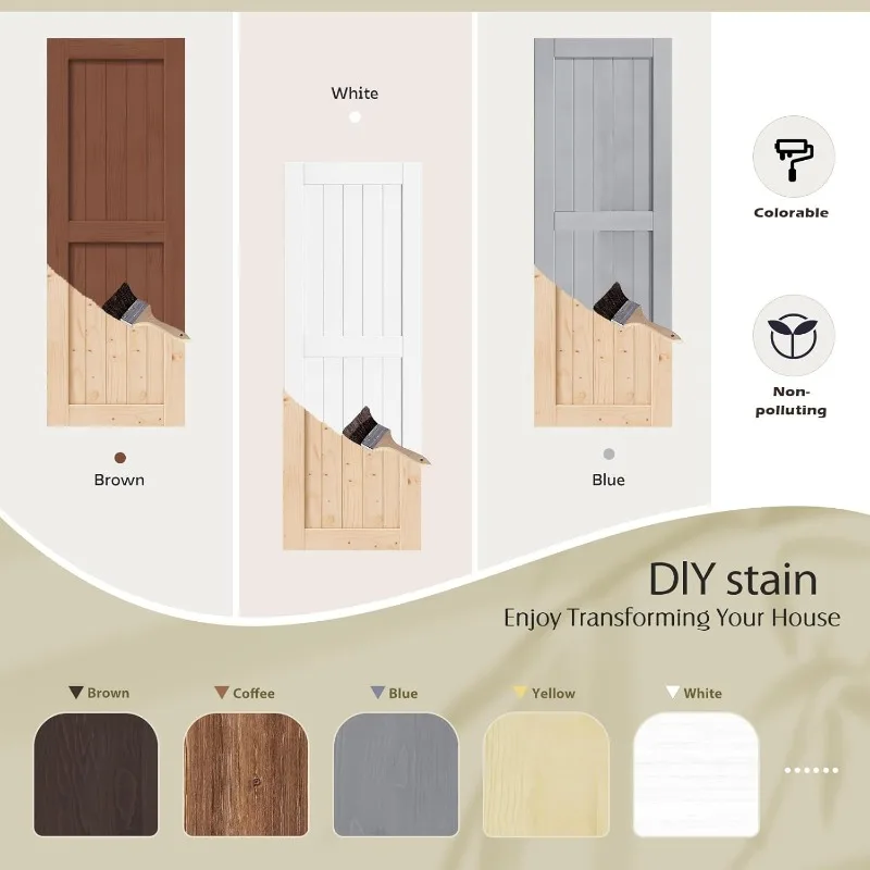 24" x 84" sliding barn door Comes with 4' barn door hardware and handles Easy to install Suitable for interior rooms storage