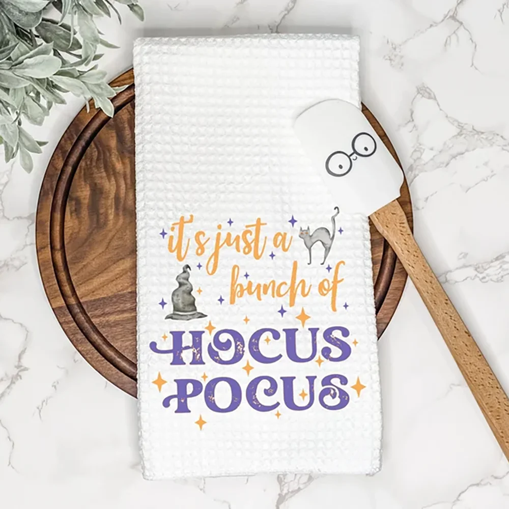 

Hocus Pocus Halloween Waffle Tea Towel Fall Farmhouse Hand Dish Towel Fun AirBnb Kitchen Table Decor Housewarming Hostess Gift