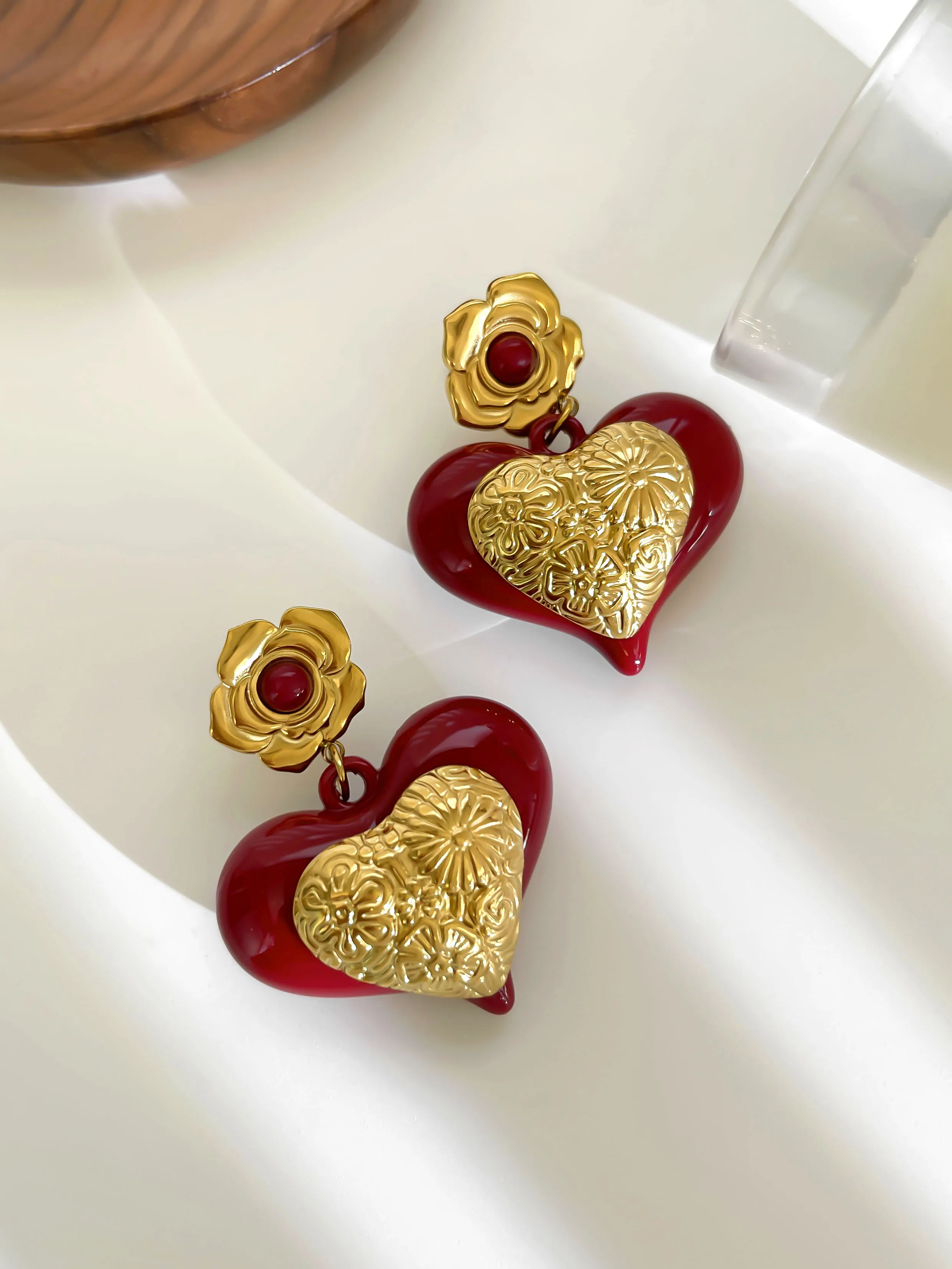 GHIDBK جديد خمر مبالغ فيه الأحمر الراتنج القلب مكتنزة إسقاط أقراط للنساء الفتيات العصرية الفولاذ المقاوم للصدأ مجوهرات حفلات الزفاف