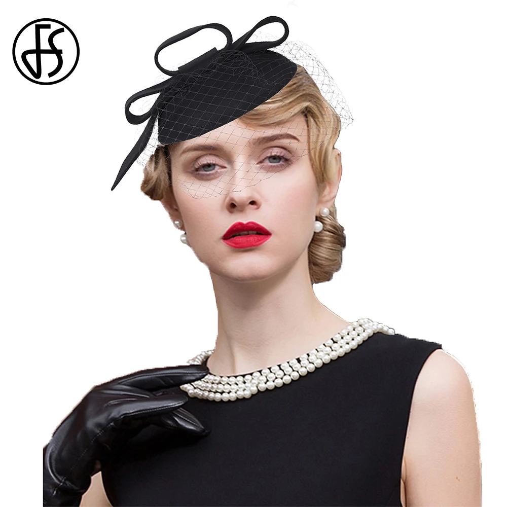 

FS Black Veil Pillbox Hats For Women Elegant Tea Party Dress Fascinators Cap Vintage Ladies Wool Derby Hats Chapeau Femme 2025