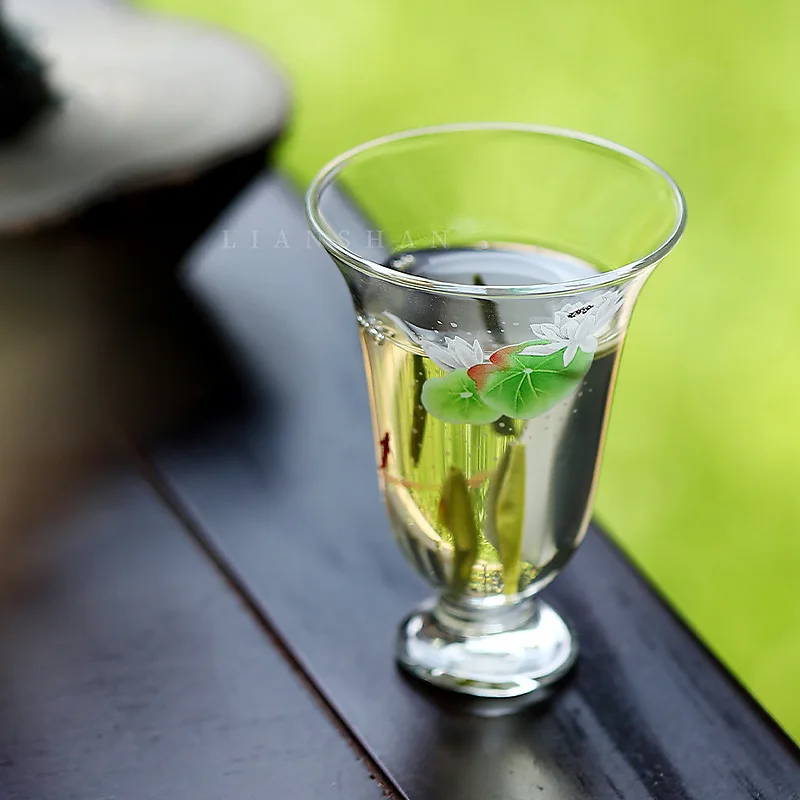 Fish Playing with Lotus High Borosilicate Heat-resistant Glass Tall Cup for Home Green Teacup Master Cup Tasting Cup