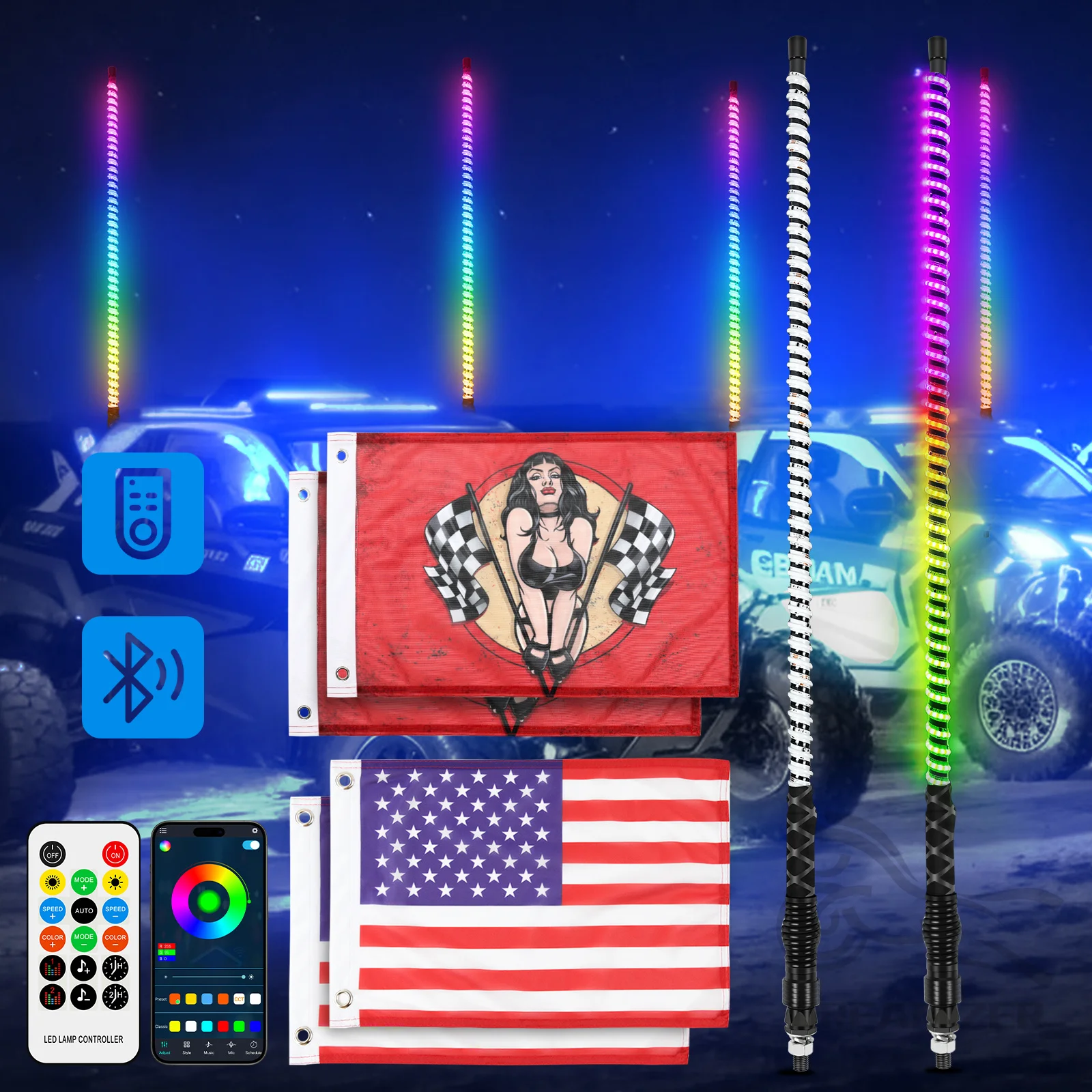 2PCS 3FT Whip Lights COB Light Source Light Whip for UTV ATV W/APP Remote Control 4 Flags 360°Spiral Chasing Lighted Whip