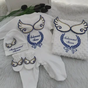 Dollbling output from hospital 5 pcs name embroidered newborn angle wings jumpsuit covered cherry bed swaddle artisan 10 Main Sales Exit Maternity Girl - №4