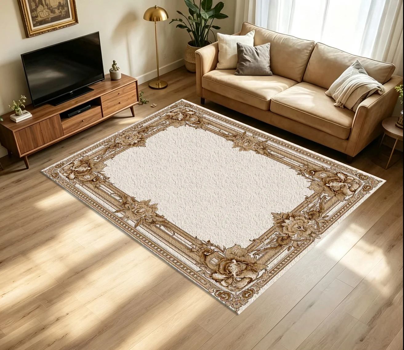 Vintage Sepia Rose Floral Ornate Frame Carpet Flooring Antique Baroque Flower Border Printed Floor Rug for Household Living Room Home Interior Decor