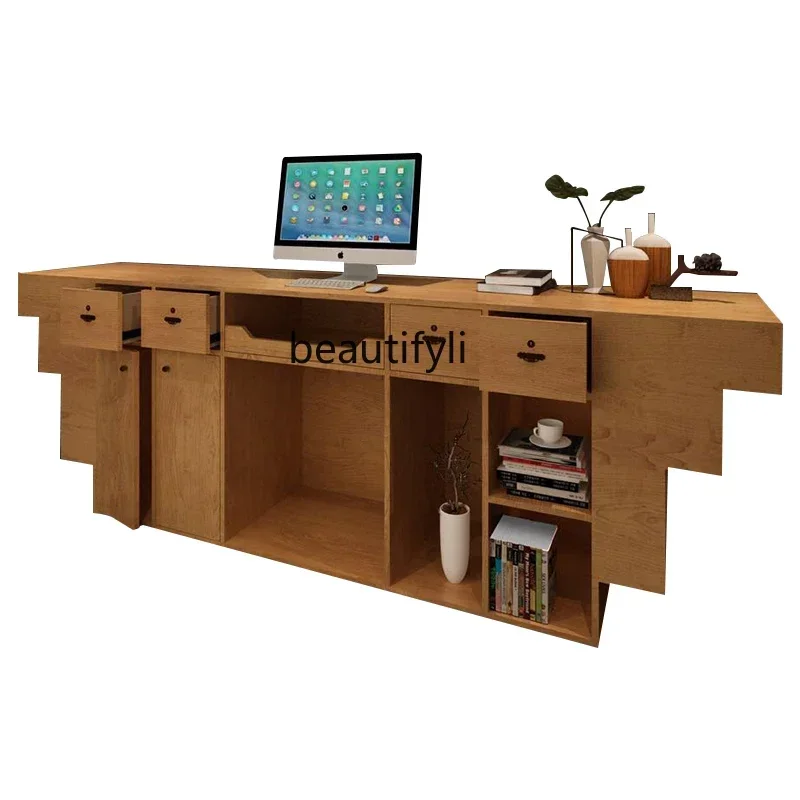 LJYCheckout page Solid wood retro counter restaurant Milk tea shop Barber shop, beauty salon Small Chinese reception front desk