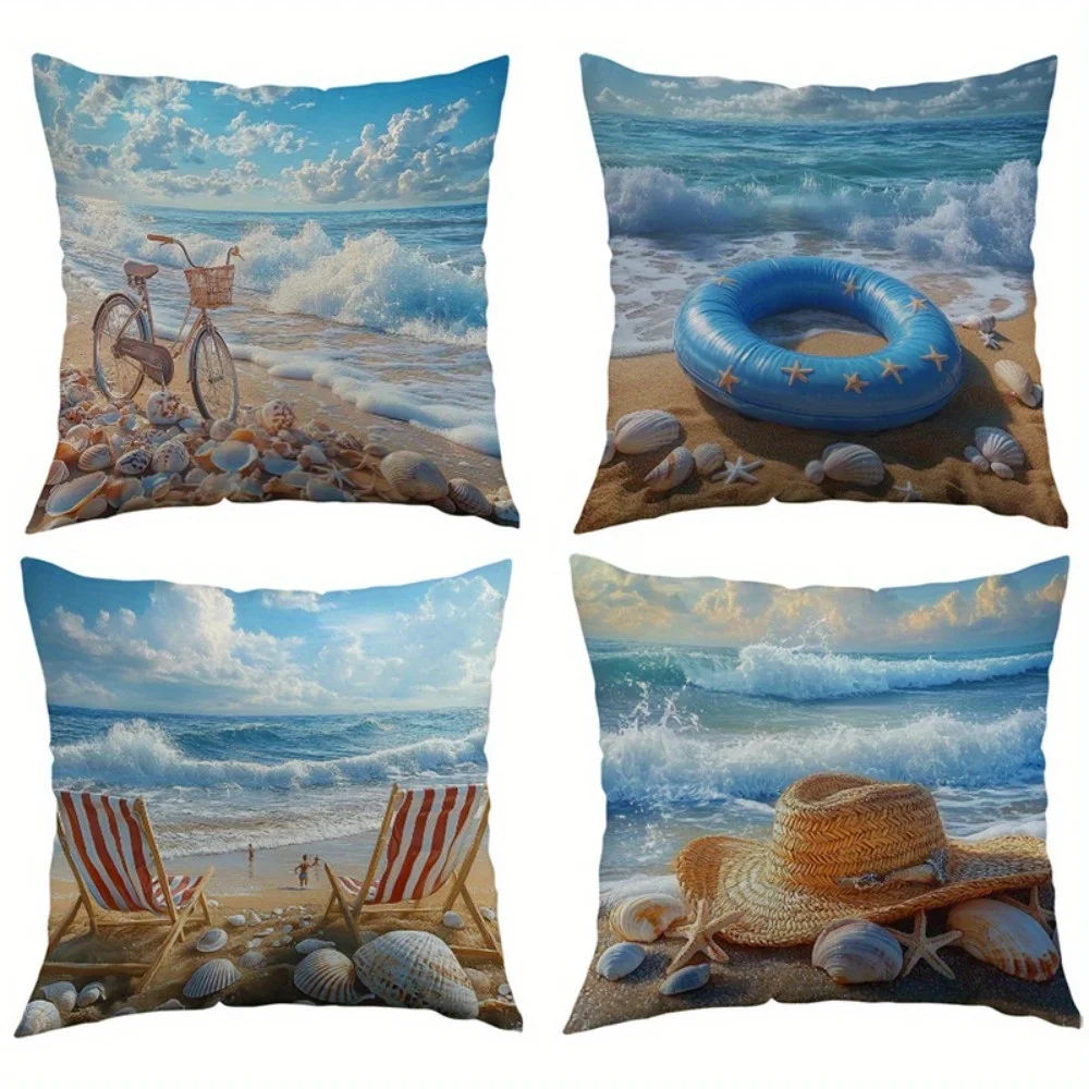 4pcs Beach vacation style Single-sided printing Short plush Suitable for living rooms bedrooms sofas (excluding pillow cores)