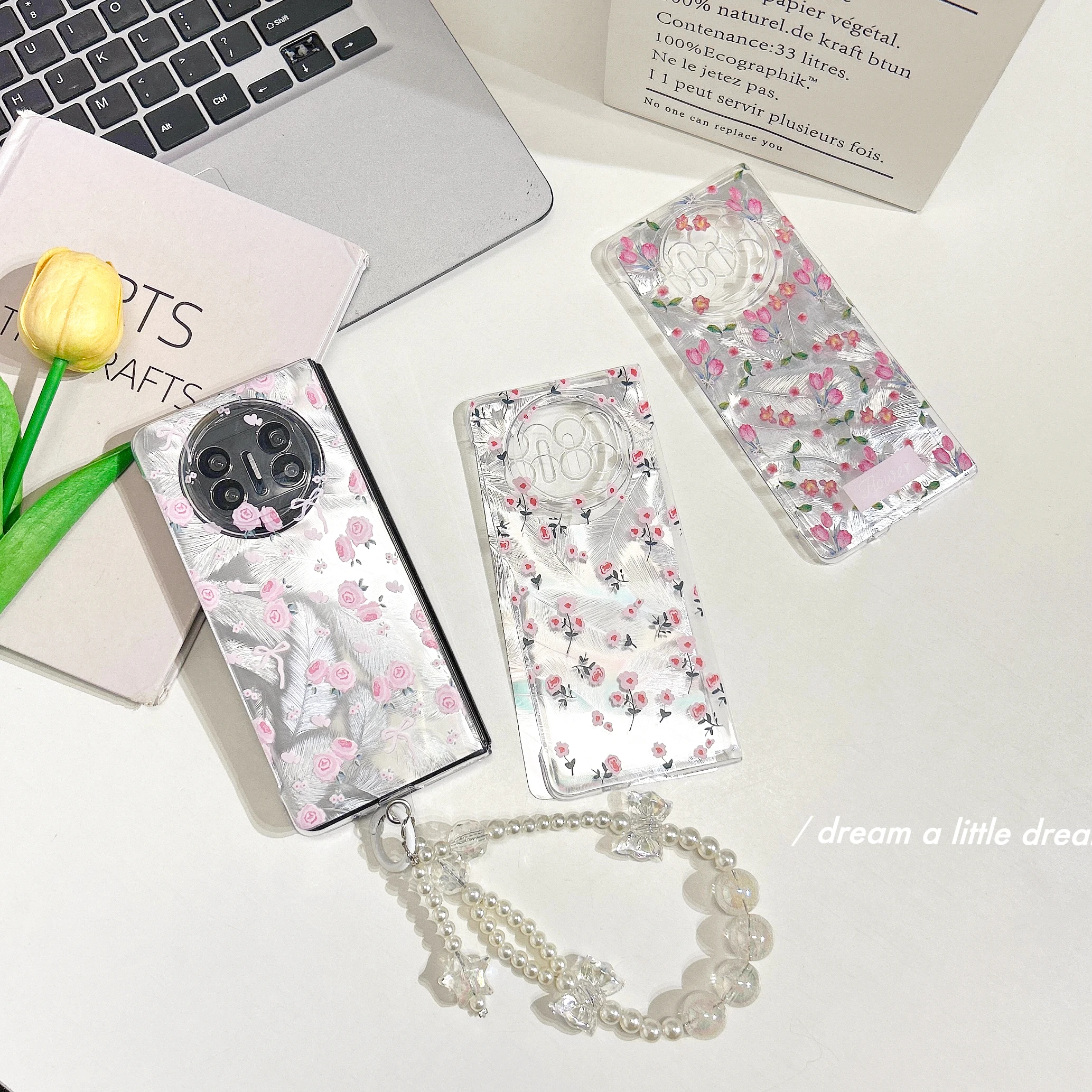 Feather Paper Rose Tulip Flower with Bracelet Wristband Chain Hard Acrylic Shockproof Phone Case For Huawei Mate X5 Back Cover