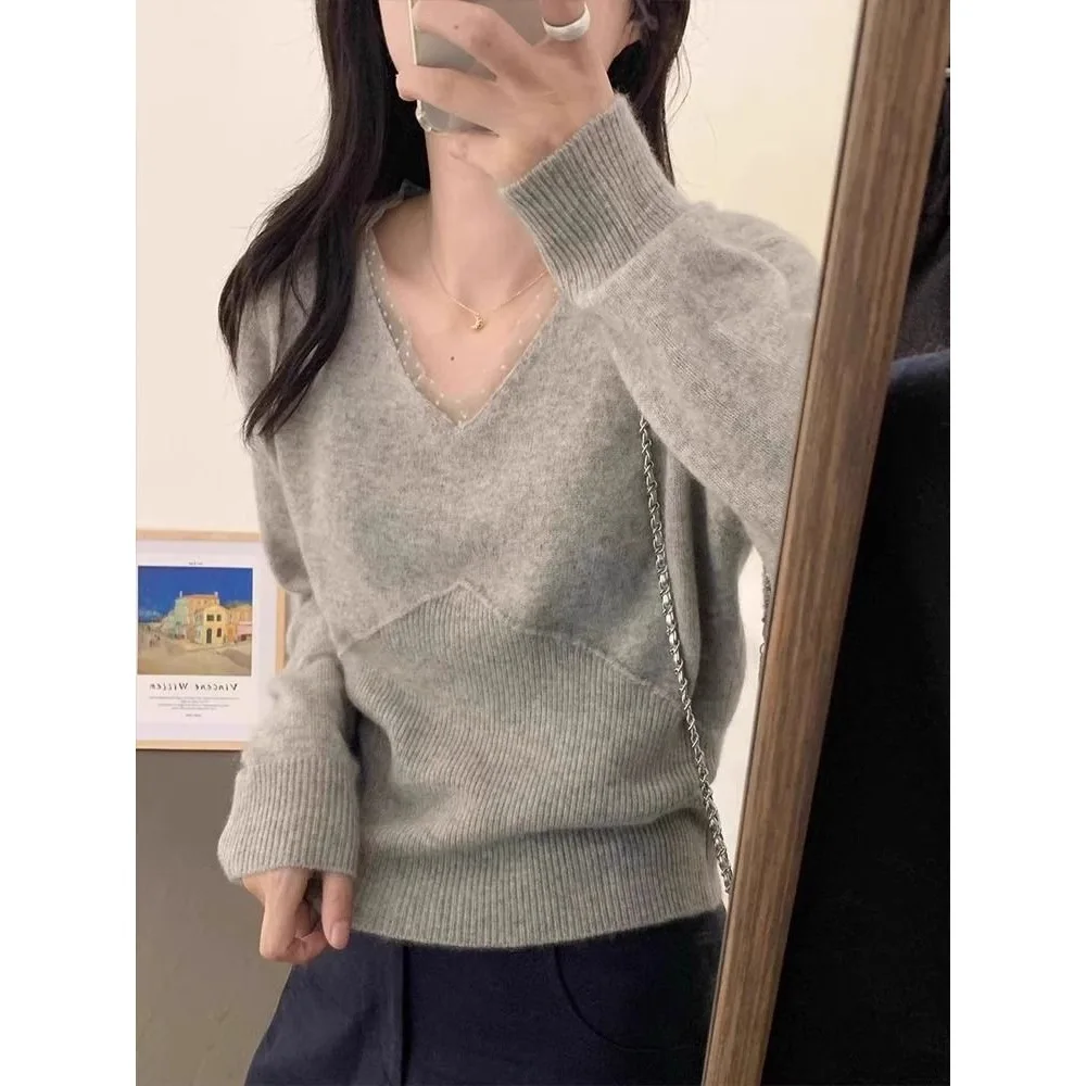 

Women's Autumn Winter Slim Fit Base Shirt Elegant Top V-neck Princess Sleeve Regular Gray Short Sleeve Long Knitted Sweater