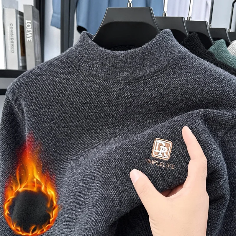 

Высококачественные брендовые мужские бархатные утолщенные толстовки с высоким воротником, свитера, зимние новые теплые трикотажные изделия с вышивкой, мужская одежда для поездок на работу, топ