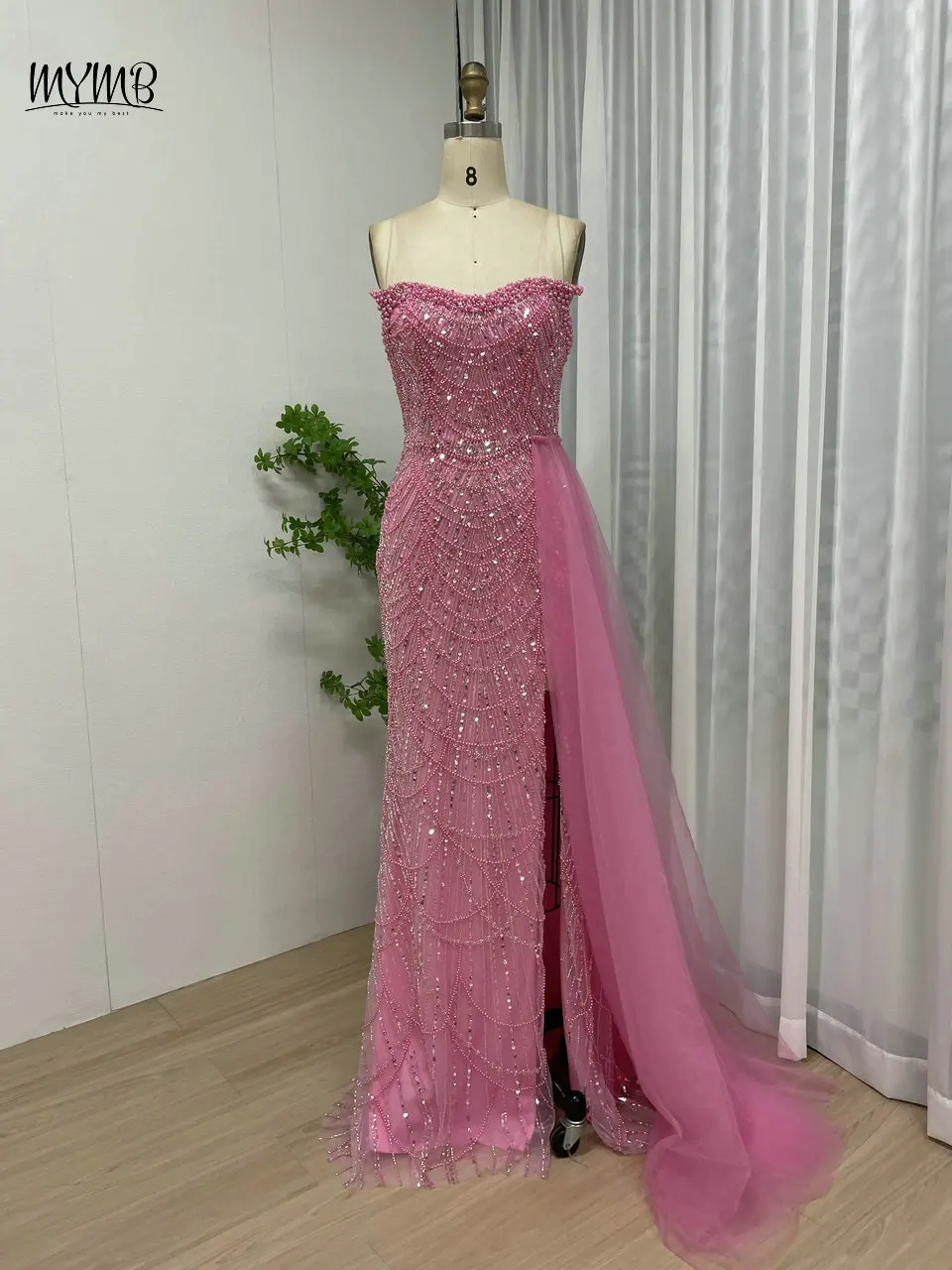 MYMB Fuscia Stunning Strapless Women Sheath Evening Dress for Wedding Party Luxury Beaded Mermaid High Slit Prom Gown with Train