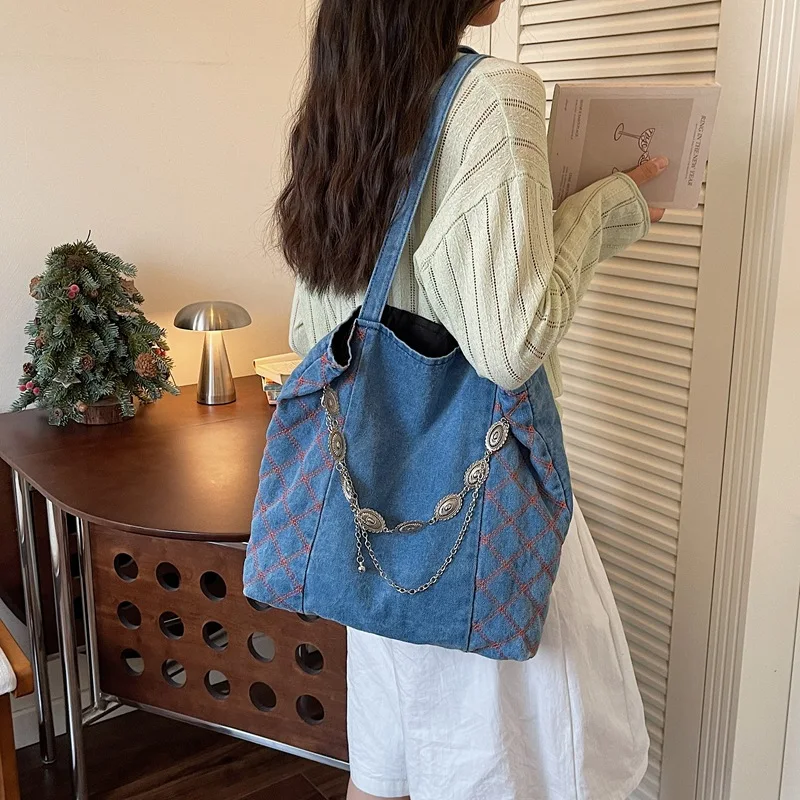 

Vintage Denim Blue Canvas Shoulder Shopper Bag for Women 2026 Large Woman Tote Bag Fashion Japanese Designer Female Handbags