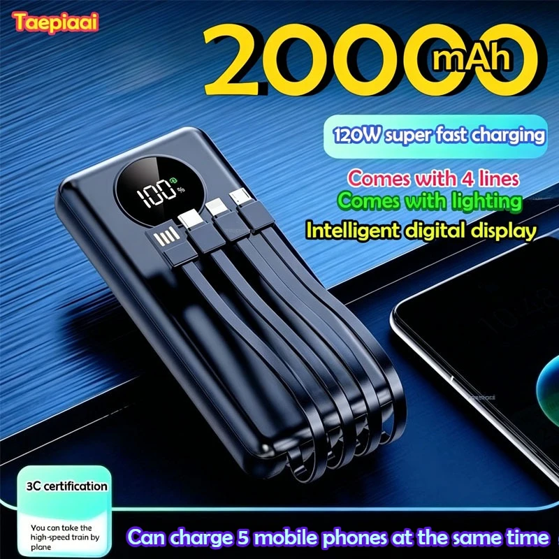 Taepiaai 20000mAh Power Bank Portable External Battery120W Fast Charging Portable Charger for IPhone Xiaomi Redmi Poco Powerbank