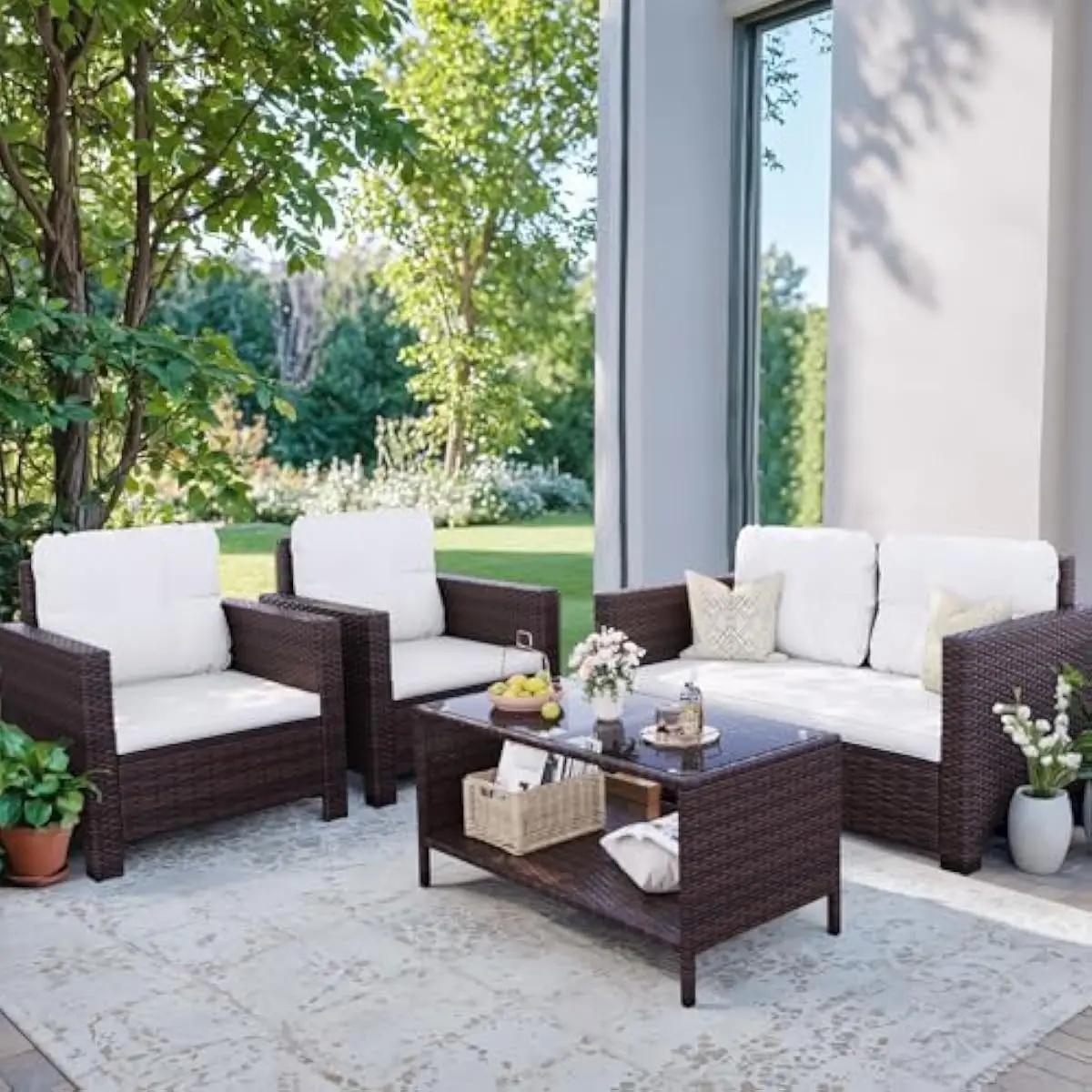 Outdoor Wicker Conversation Set with Tempered Glass Table Square Modern Design Brown White Cushioned Seating Sturdy Steel Frame