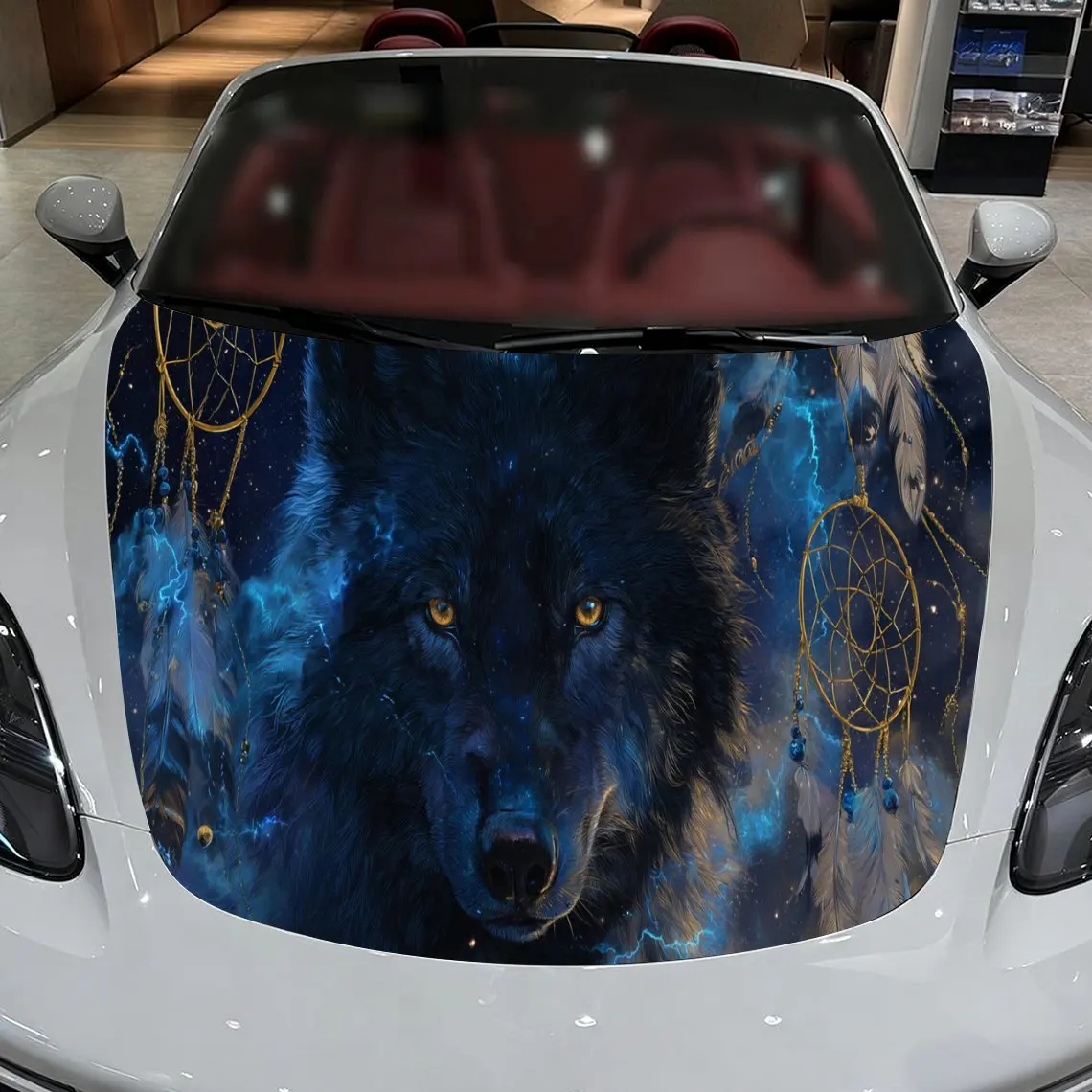 สติ๊กเกอร์ติดฝากระโปรงรถยนต์ลายมิสติกวูล์ฟดรีมแคชเชอร์ วัสดุ PVC กันน้ำ ติดตั้งง่ายด้วยกาวในตัว สำหรับตกแต่งและปกป้องรถยนต์