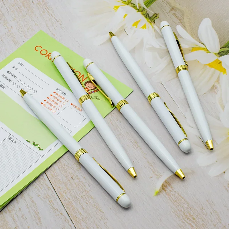 5Pcs White Color Metal Ballpoint Pen Rotating Design with Gold Clip Customize LOGO Promotion Writing Ball Pen Personalized Pens