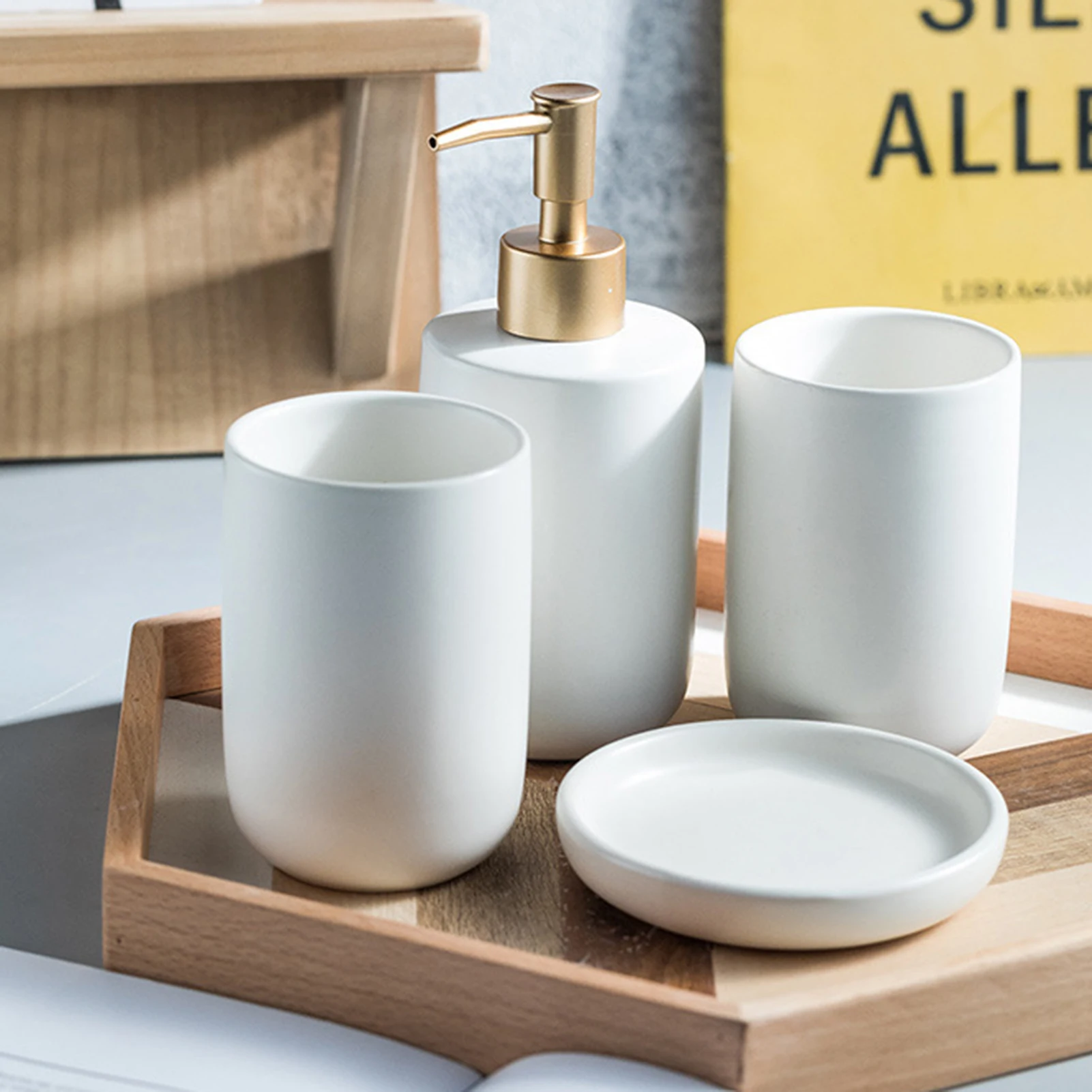 5 قطع كونترتوب الحمام مجموعة كوب فرشاة الأسنان السيراميك الفاخر مع غطاء صحن الصابون الغرور المنظم لفندق المنزل #1