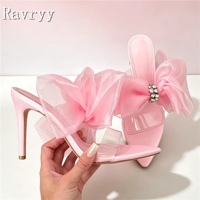 Pink Mesh Butterfly Knot High Heel Mules Pointed Open Toe Transparent Pvc Strap Stiletto Slide Sandals Bride Wedding Party Shoes