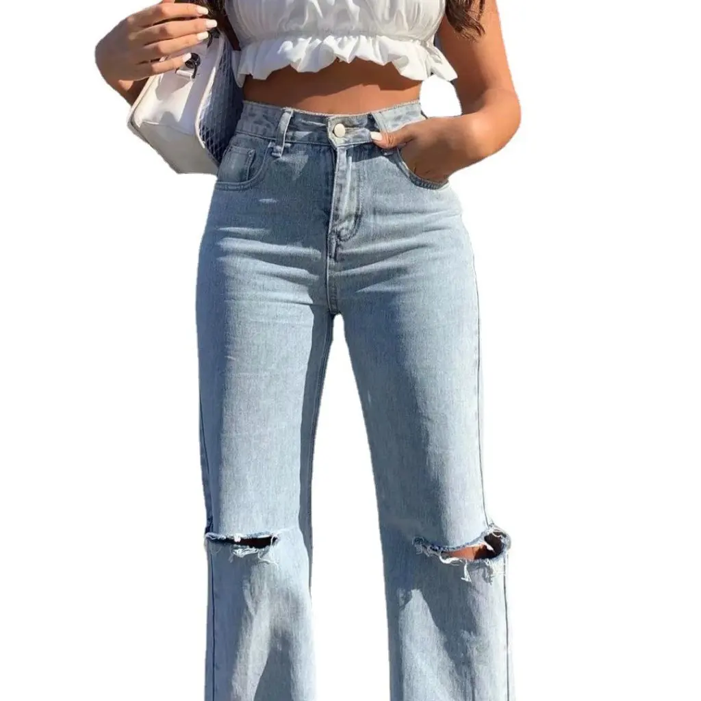 Women's High Waist Double Knee Ripped Denim Pants Raw Edge Spring Style Loose Straight Draped European American Street Fashion